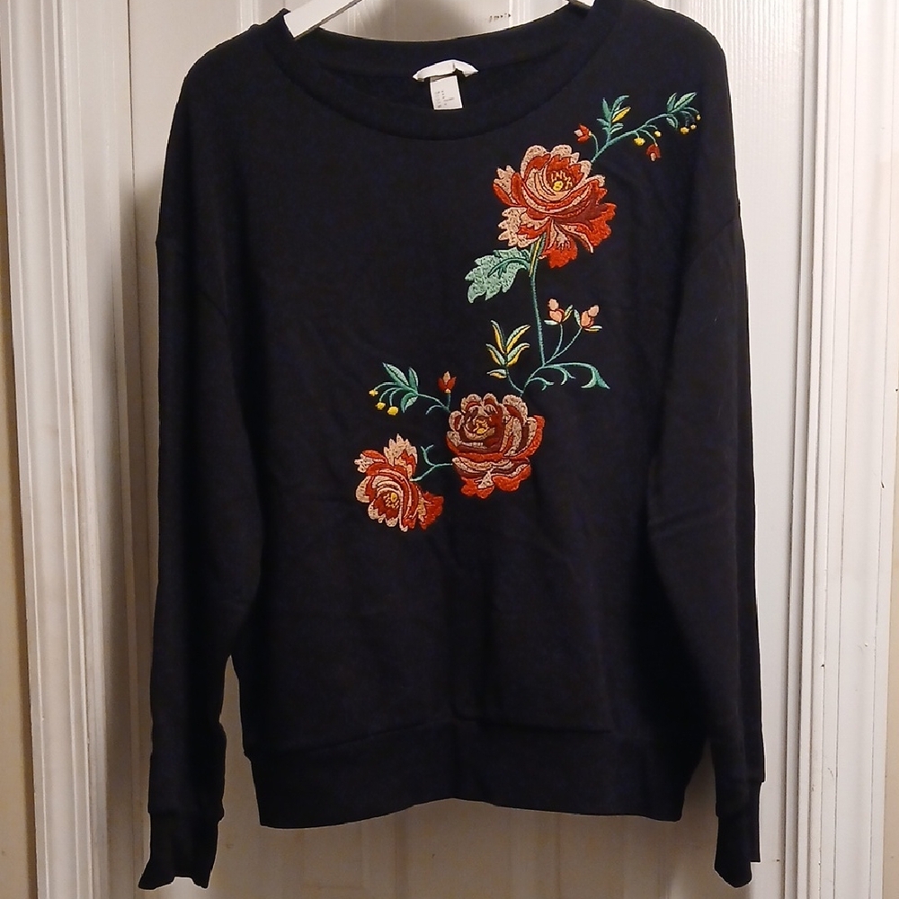 H&M Black Sweater with Red Floral Embroidery